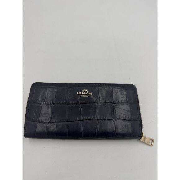 Coach Women Accordion Zip Wallet in Croc Embossed Leather Denim Blue - Picture 1 of 7